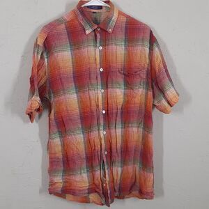 Alan Flusser Adult Mens M Plaid Short Sleeve Button Up Shirt 100% Cotton